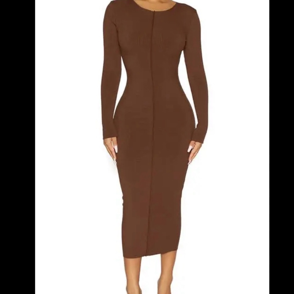 naked wardrobe Brown Long Sleeve Bodycon Midi Dress
